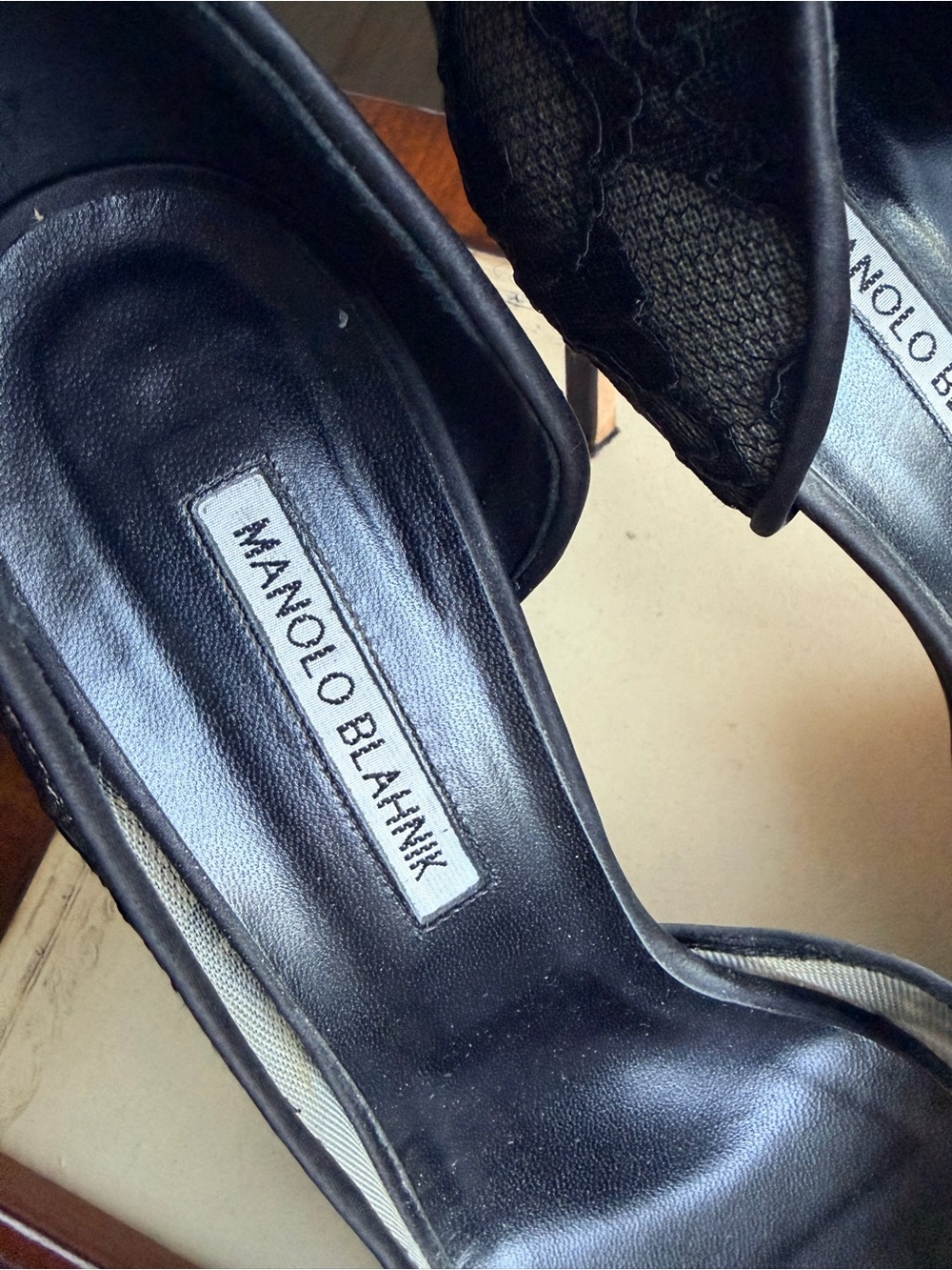 Manolo Blahnik Black Lace Peep-Toe Pumps with Satin Bow - Picture 8 of 9